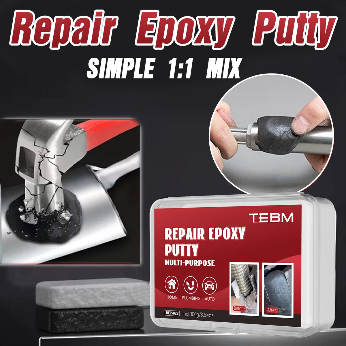 A container of Repair Epoxy Putty with a hand applying the putty to a cracked surface.