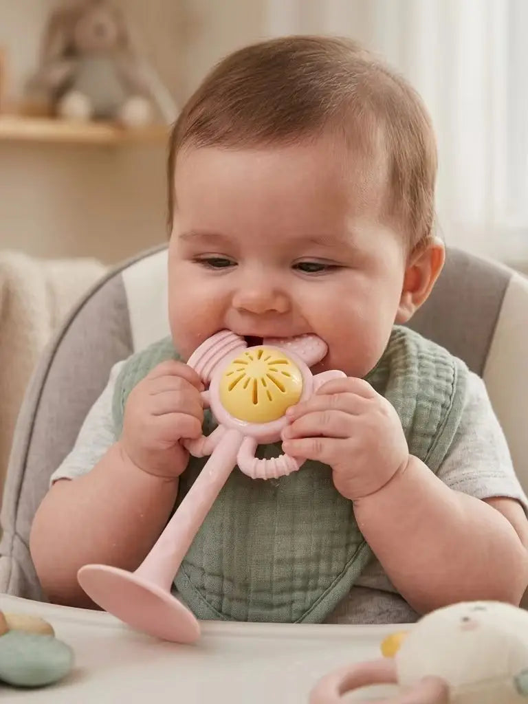Silicone Baby Rattle and Teether Set with Suction Base