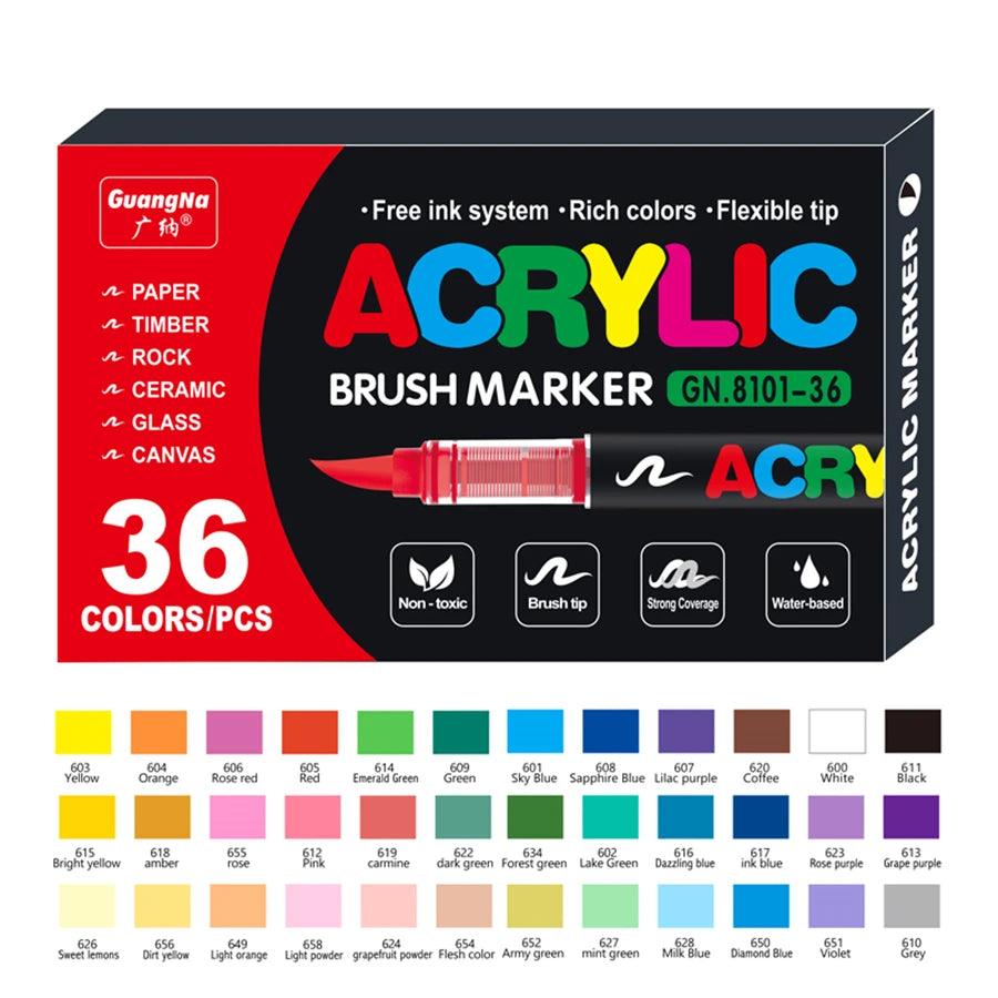 Ein Set von 36 Acryl-Pinselmarkern in verschiedenen Farben und Spitzen zum Malen.