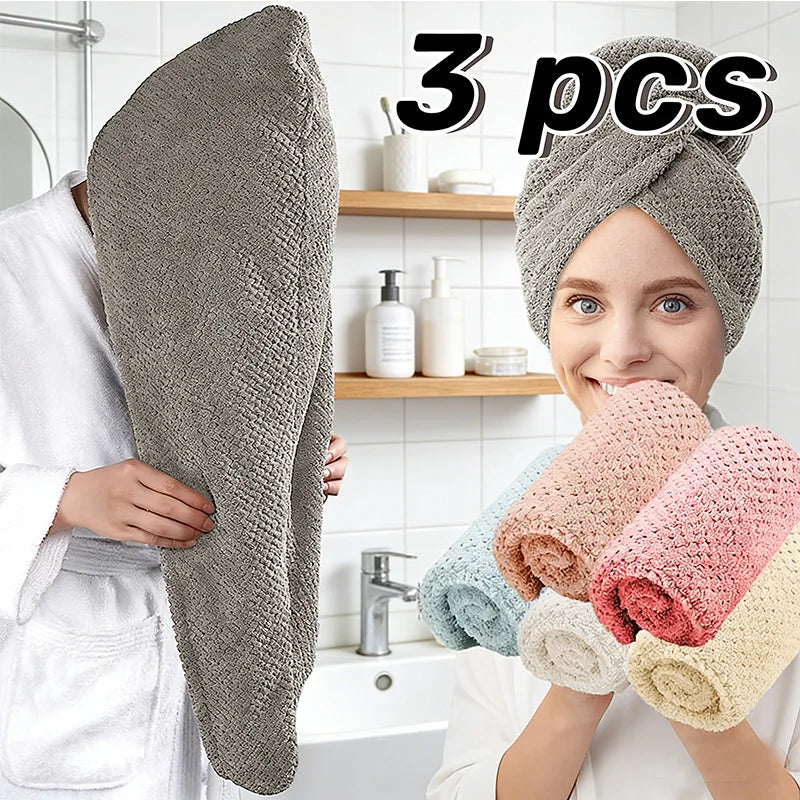 Three ultra-soft microfiber hair drying towels in various colors are shown being held by a woman.