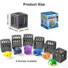 A set of six plastic pet enclosures for animals, including various colored stuffed toys and a measuring guide.