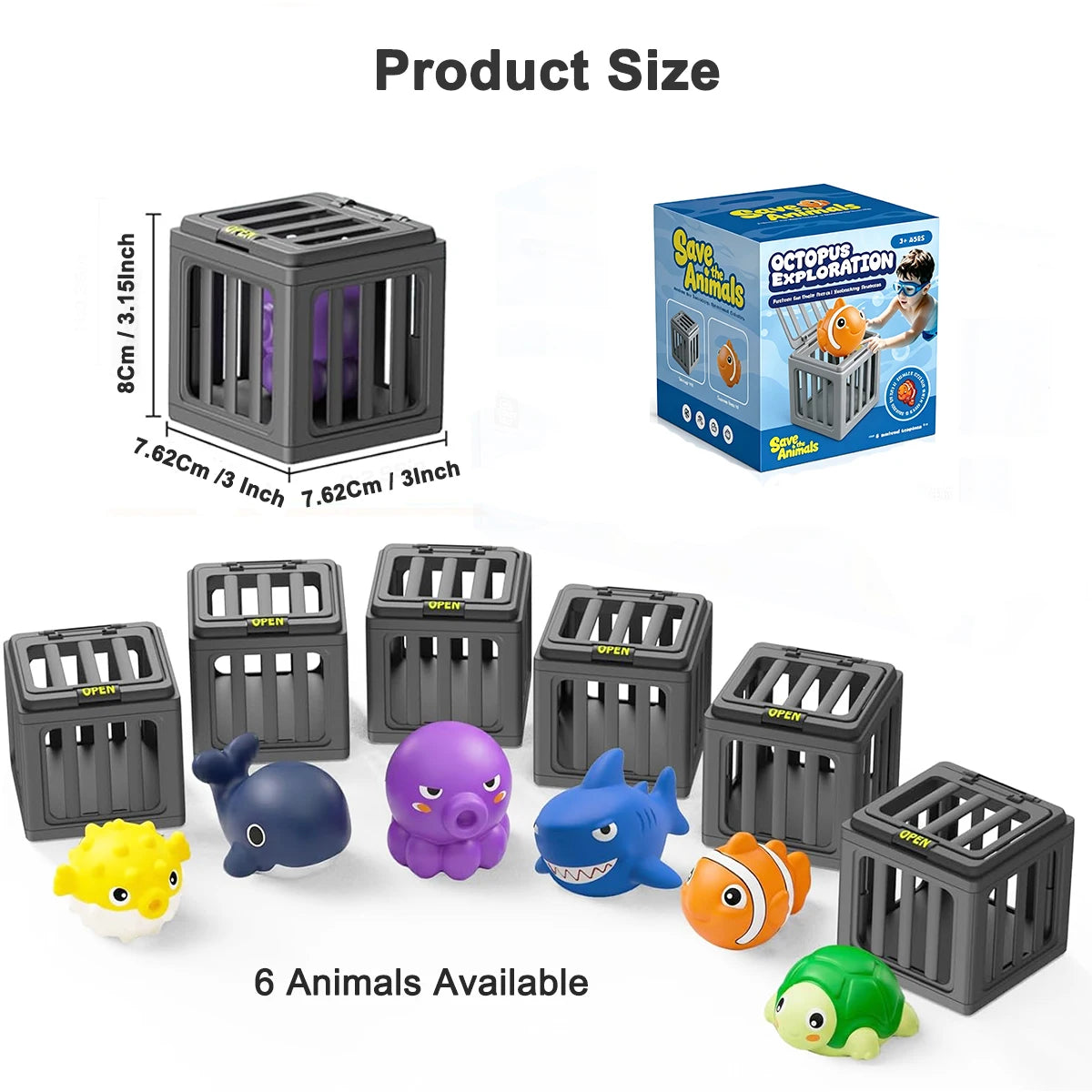 A set of six plastic pet enclosures for animals, including various colored stuffed toys and a measuring guide.