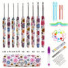 A set of ergonomic crochet hooks with a sunflower design in various sizes from 2.25 to 6.0 mm.