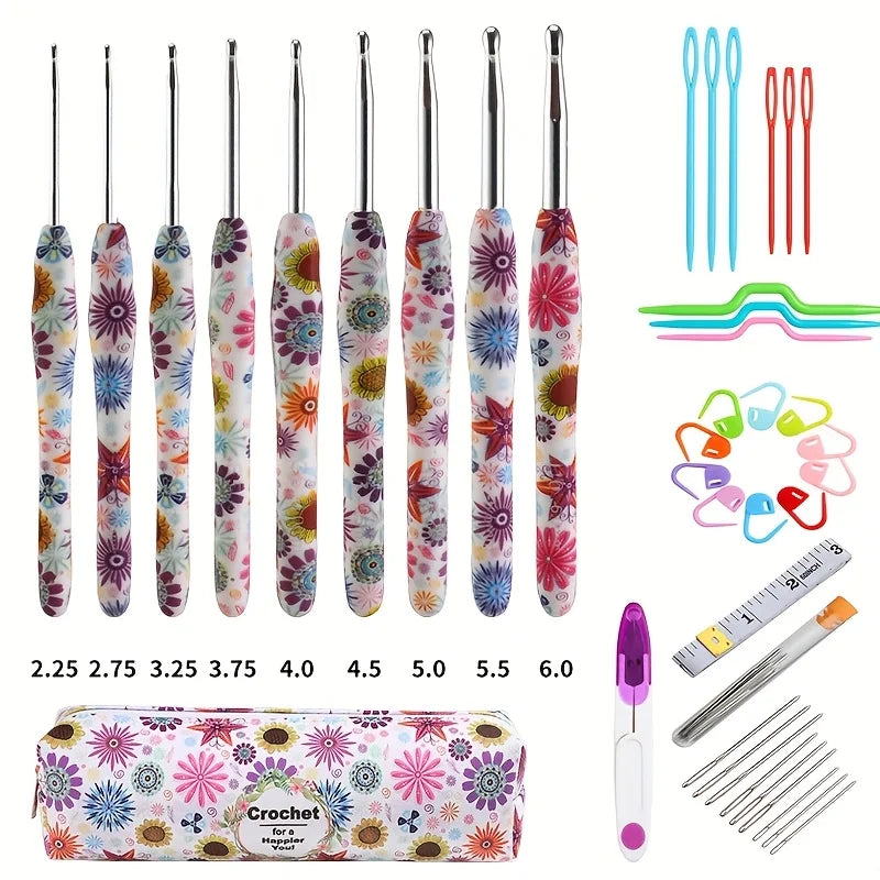 A set of ergonomic crochet hooks with a sunflower design in various sizes from 2.25 to 6.0 mm.