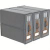 A gray foldable bedding storage box with clear window panels.