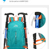 A teal backpack with black straps and silver accents, shown alongside disassembled components.
