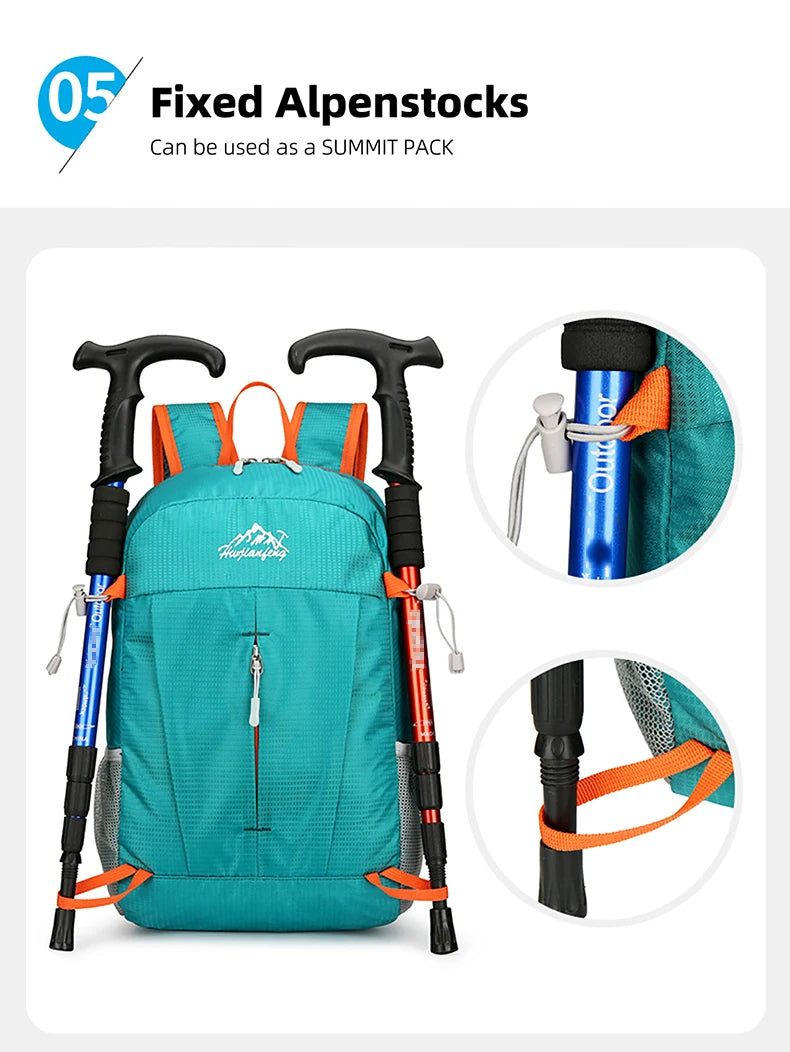 A teal backpack with black straps and silver accents, shown alongside disassembled components.