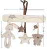 A soft plush bunny rattle toy with a hanging strap and star accents.