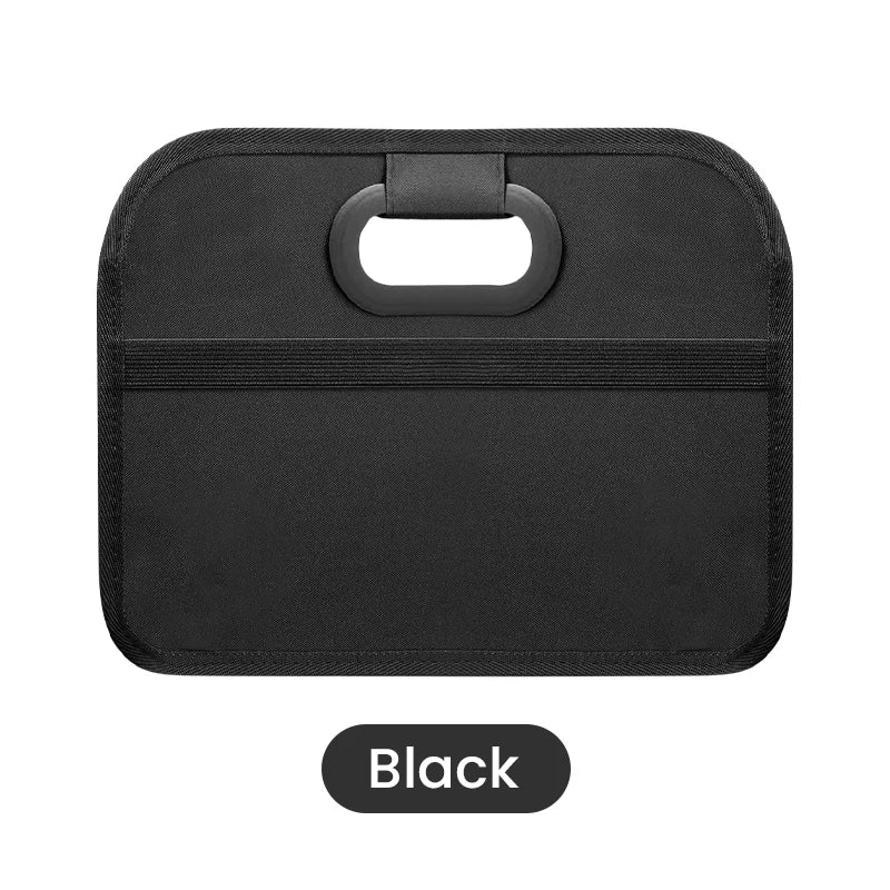 Black foldable car trunk organizer with carry handles.