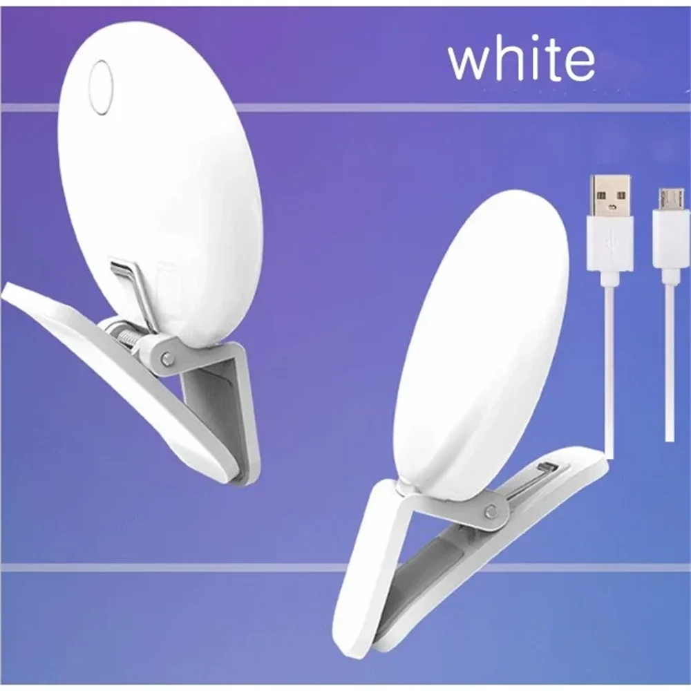 A white mini clip-on LED selfie ring light is shown in two views, highlighting its design and connection port.