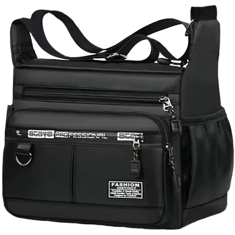 Black men's business crossbody bag with multiple zippered pockets and adjustable strap