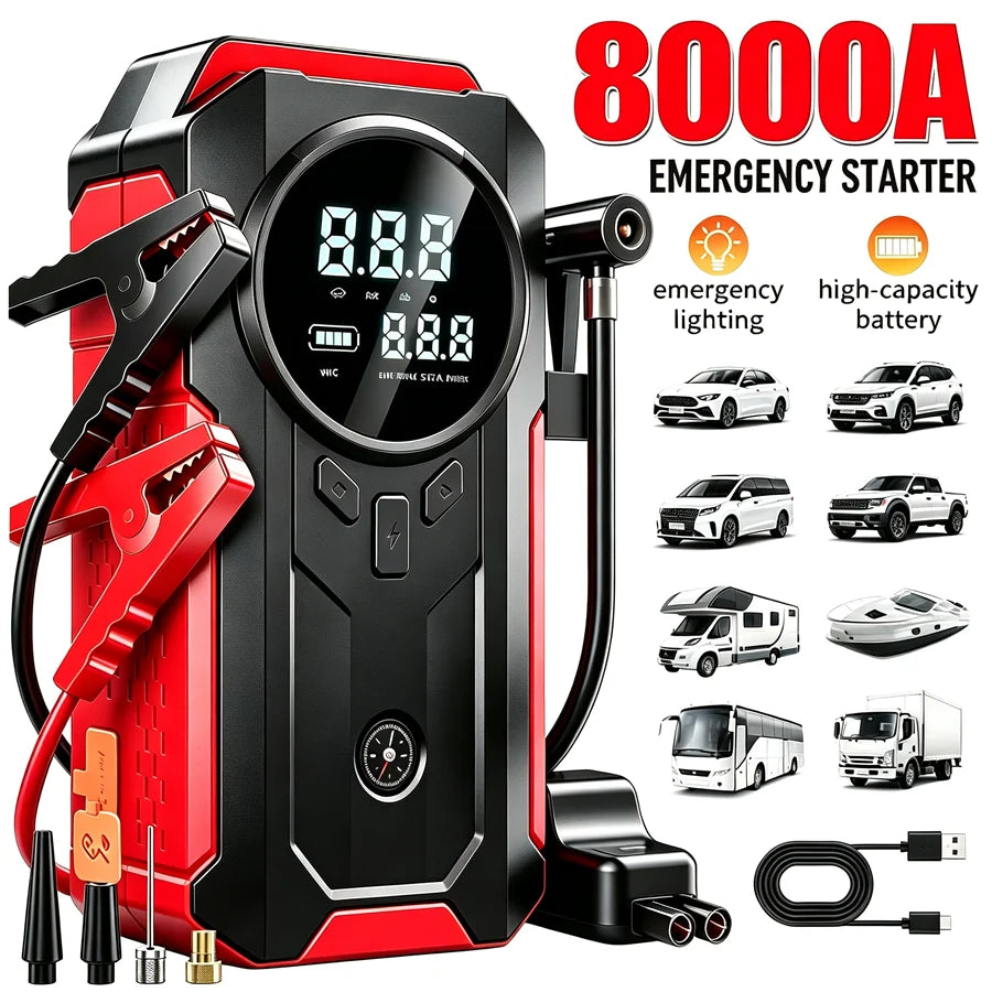 A red and black emergency starter battery with a digital display and cables is shown next to various vehicles and accessories