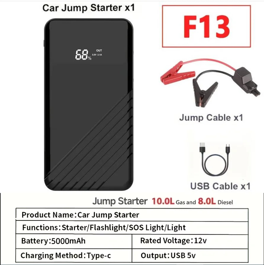 Black car jump starter with a red connector and USB cable for battery charging