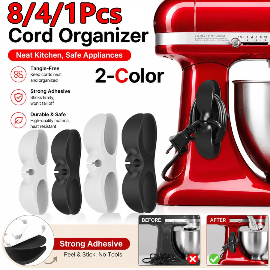 Red adhesive cord organizer for kitchen appliances with two colors black and white.