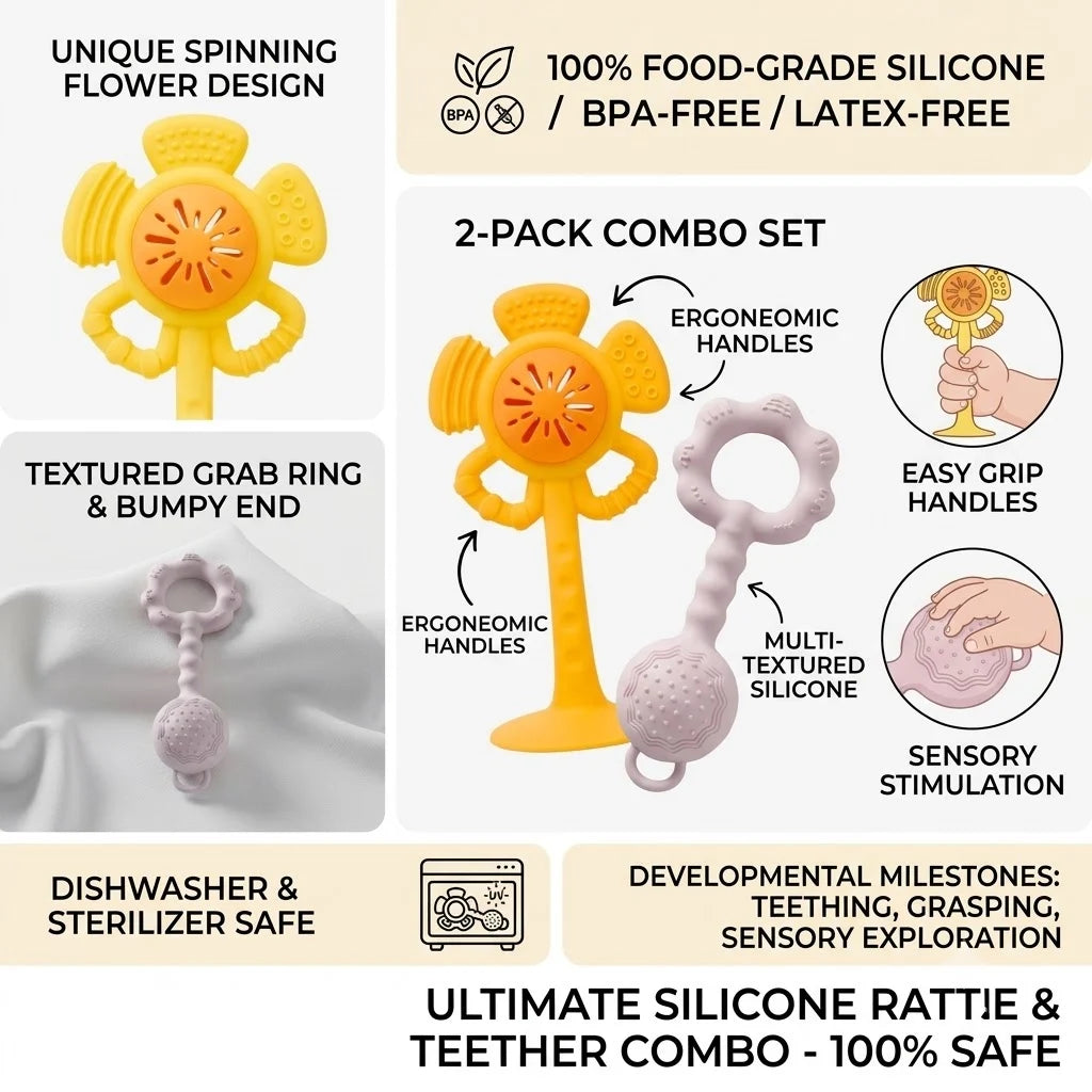 Silicone Baby Rattle and Teether Set with Suction Base