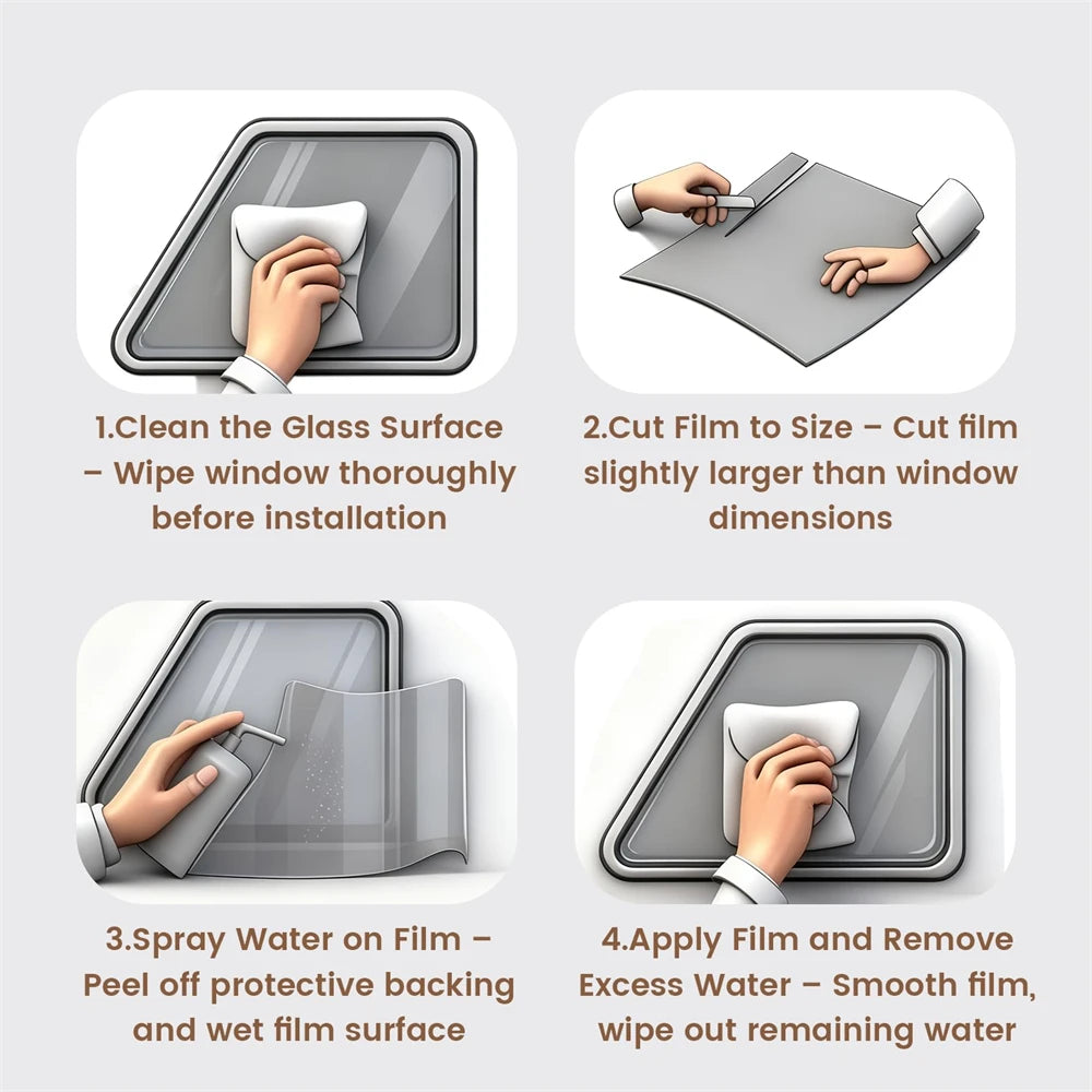 Instructions for installing a car window tint film, showing cleaning and application steps.