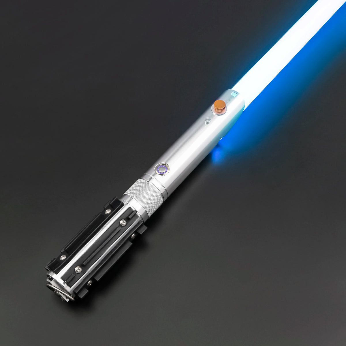 A silver lightsaber with a blue glowing blade is shown diagonally against a dark background.