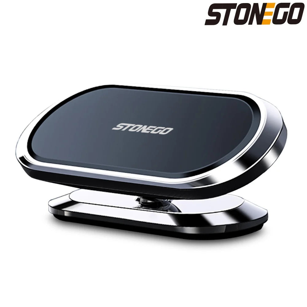 A black magnetic phone mount with a silver base and a logo on the top.