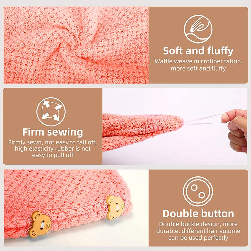 A pink waffle weave microfiber hair drying towel with a double button closure.