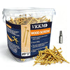 A clear plastic container of wood screws with star drive and a T25 bit is shown next to loose screws.
