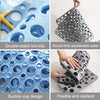 A set of blue and gray anti-slip shower mats featuring round drainage holes, suction cup design, and flexible material.