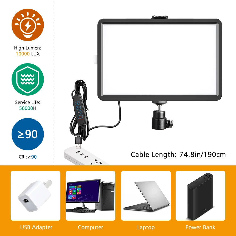 A black RGB LED video light panel with a tripod and remote control shown next to various electronic devices.