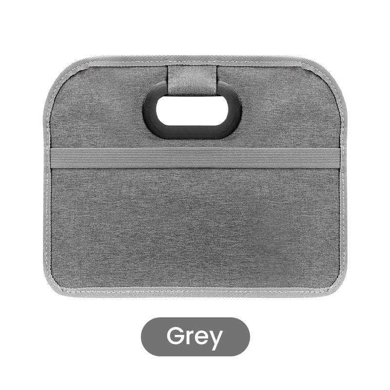 A grey foldable car trunk organizer with carry handles.