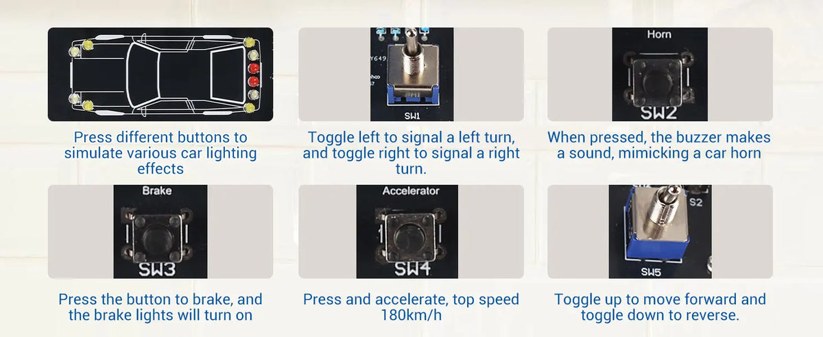 A soldering kit with four switches simulating car lights, brake, accelerator, and reverse functions for driving simulation.