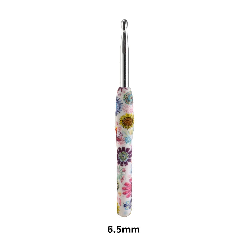 A single ergonomic crochet hook with a sunflower design, measuring 6.5mm.