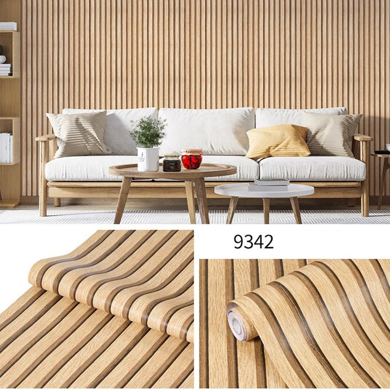 Roll of wood grain peel-and-stick wallpaper featuring horizontal wavy stripes