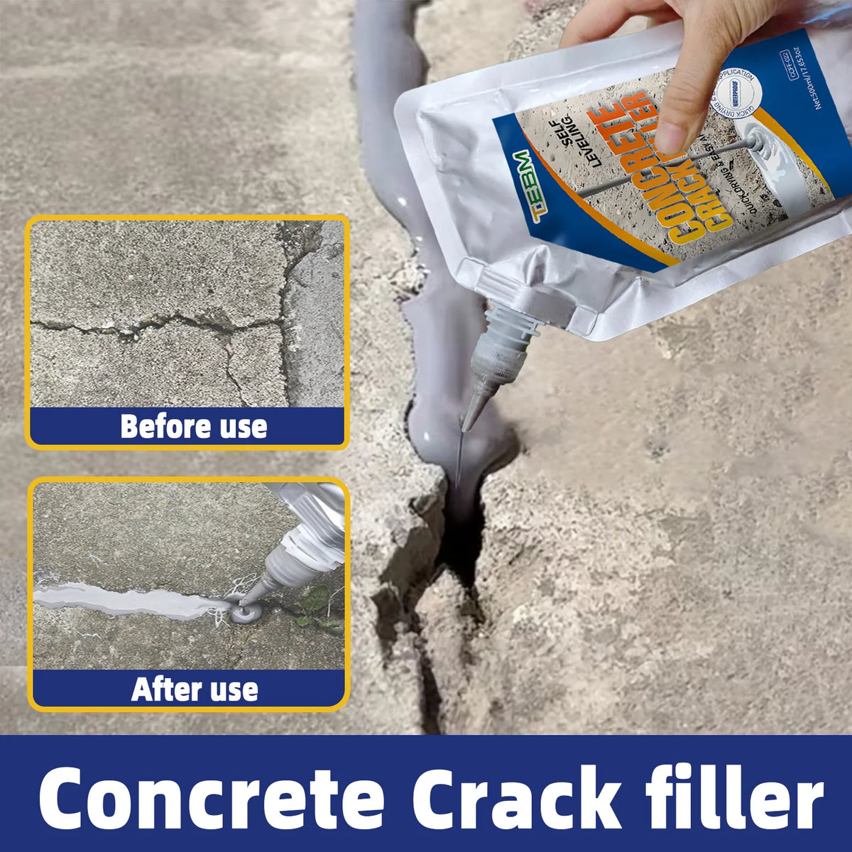A hand applies self-leveling concrete crack filler to repair cracks in a concrete surface, showing before and after results.