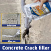 A hand applies self-leveling concrete crack filler to repair cracks in a concrete surface, showing before and after results.