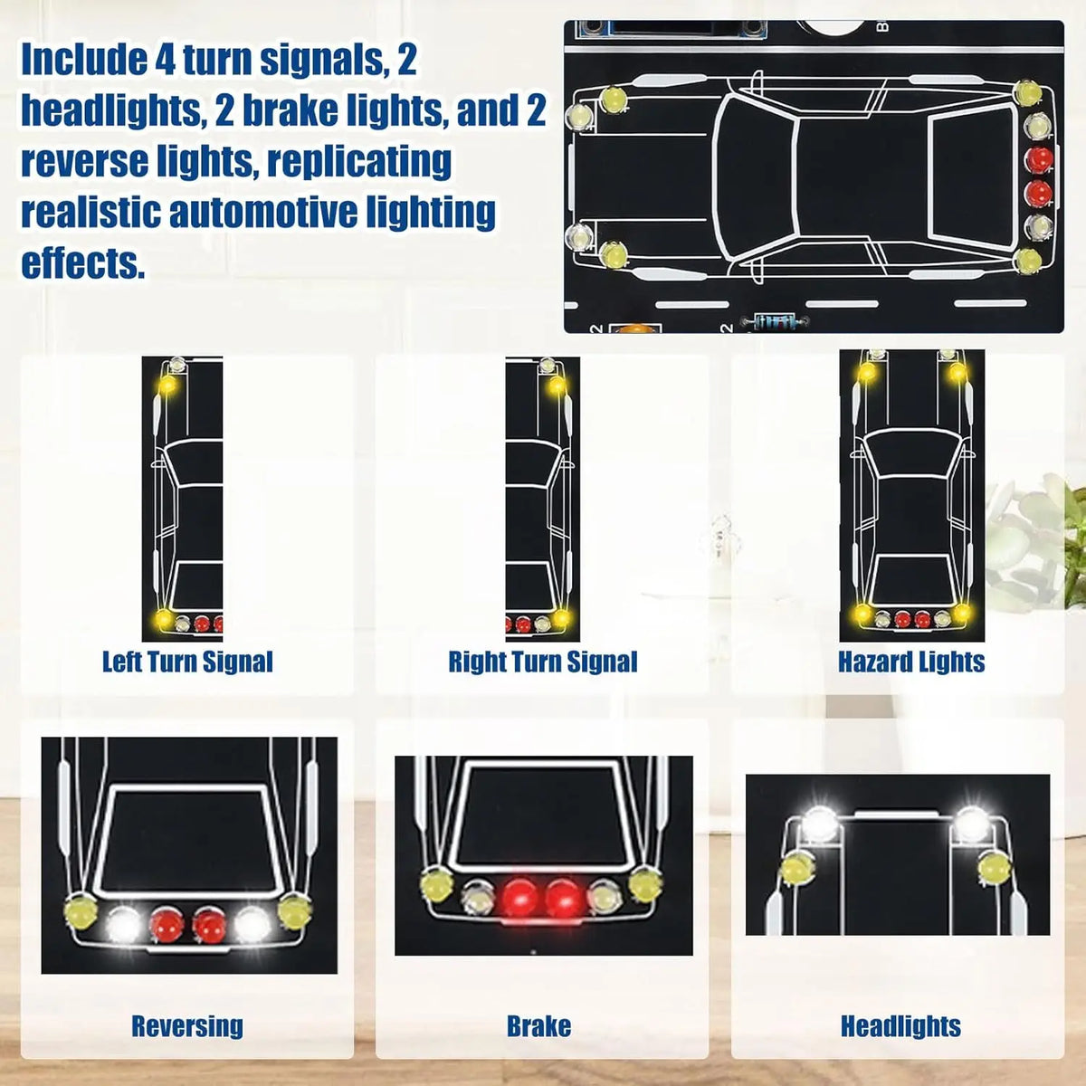 A set of automotive lights including turn signals, headlights, brake lights, and reverse lights for a driving simulation kit.