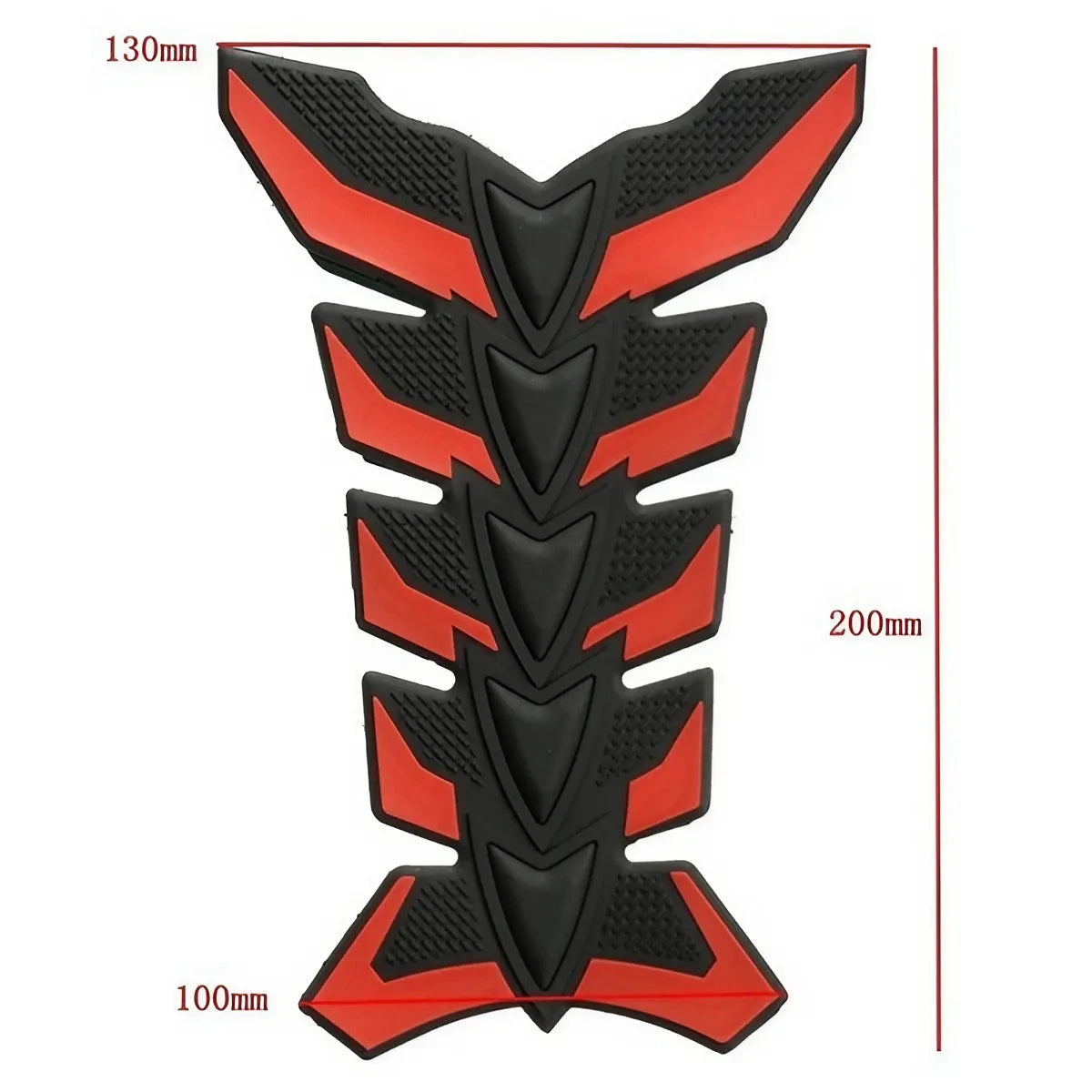 Black and red fish bone design motorcycle tank pad protector with dimensions 130mm, 200mm, and 100mm