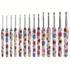 A set of ergonomic crochet hooks featuring colorful sunflower designs in various sizes.