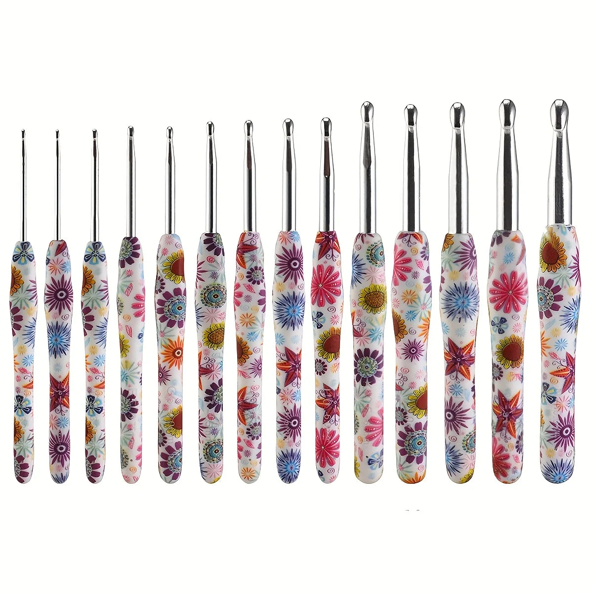A set of ergonomic crochet hooks featuring colorful sunflower designs in various sizes.