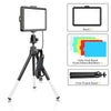 A black video light panel with a tripod stand, color card board, and remote control.