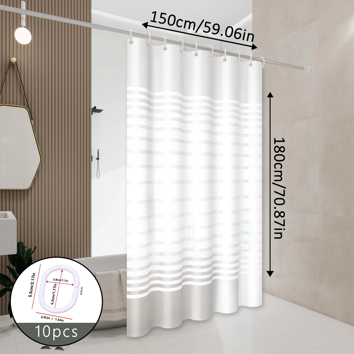 White striped shower curtain hanging on a rod in a modern bathroom setting