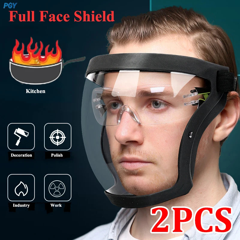 A man wearing a clear full face shield protective mask for kitchen or industrial work