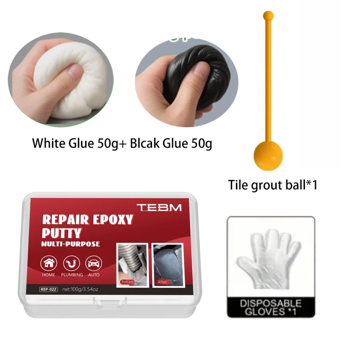 A set of white and black glue balls, a tube of repair epoxy putty, and disposable gloves.