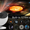A white projector emits light onto a background of planets and stars, showcasing its built-in film sheets.
