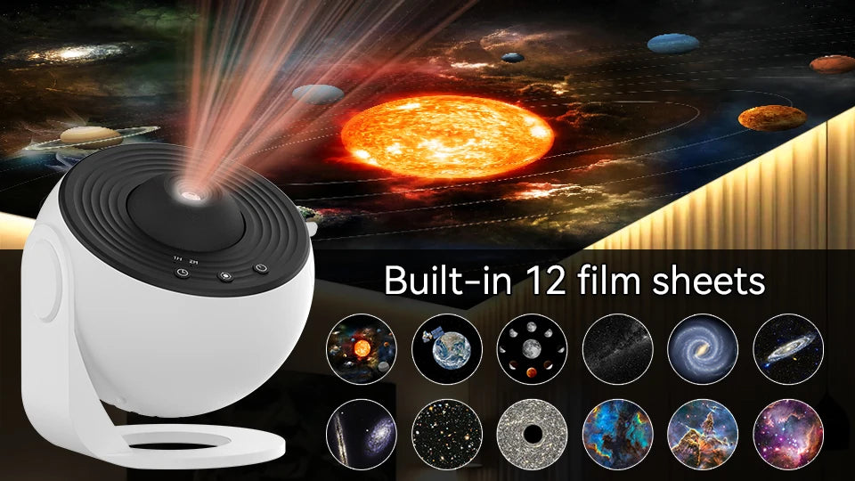 A white projector emits light onto a background of planets and stars, showcasing its built-in film sheets.