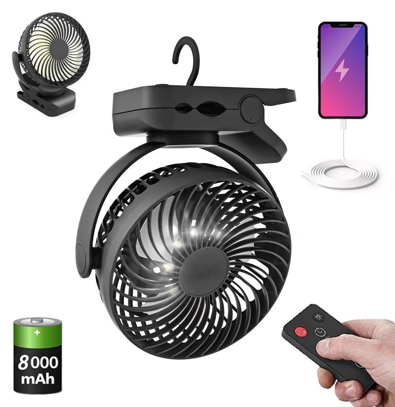 Portable Rechargeable Fan with LED Light and Remote Control