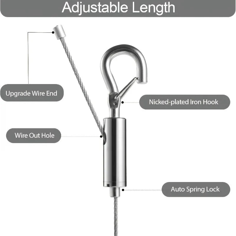 Close-up diagram showing the adjustable length and features of a nickel-plated iron hook with an auto spring lock.