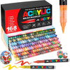 Ein Set von 168 Acryl-Brush-Markern in verschiedenen Farben und Spitzen, präsentiert neben der Verpackung.