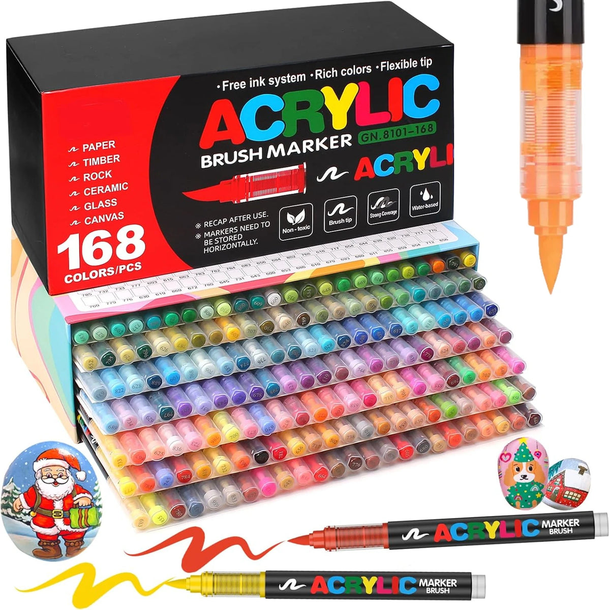 Ein Set von 168 Acryl-Brush-Markern in verschiedenen Farben und Spitzen, präsentiert neben der Verpackung.