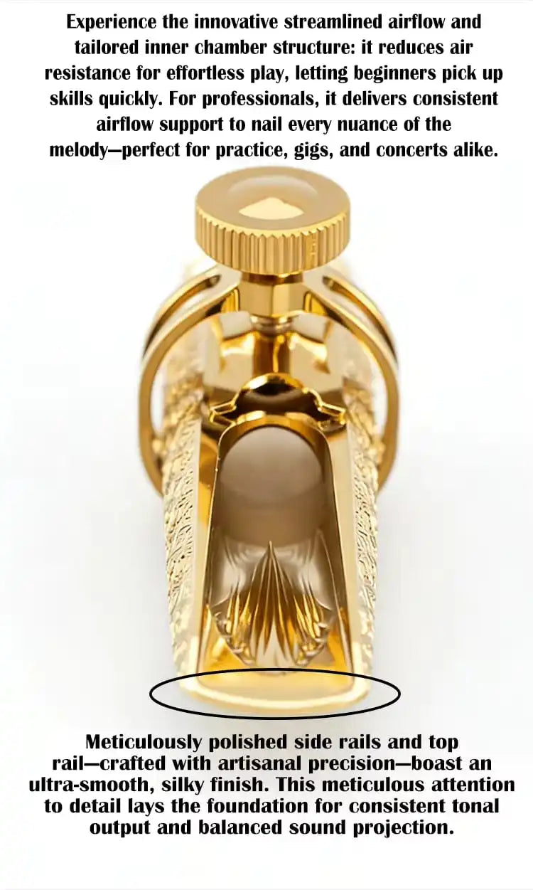Gold-plated brass tenor saxophone mouthpiece with polished side rails and top rail