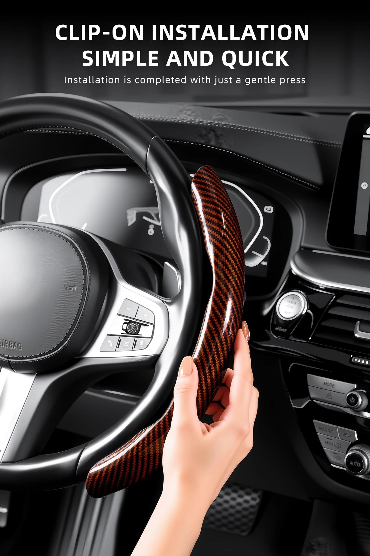 A hand installs a glossy carbon fiber clip-on steering wheel cover onto a car steering wheel.