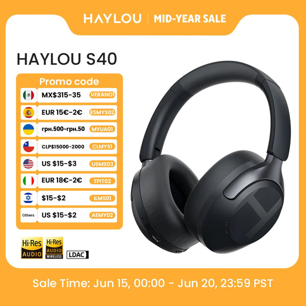 Auriculares inalámbricos negros Haylou S40 ANC en foto de estudio para promoción de rebajas de mitad de año.