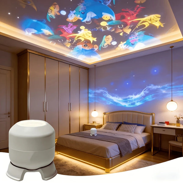 Luz nocturna de proyector de océano estrellado que gira 360°, ilumina un dormitorio con mural colorido y marco de cama brilla
